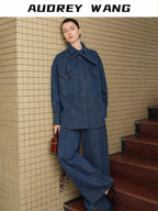 audreyyang Vintage Washed Loose Fit Bow Girls Cotton Patch Pocket Denim Jackets