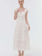fano Breathable Cotton A Line Square Neck Short Sleeve Work White Maxi Dresses