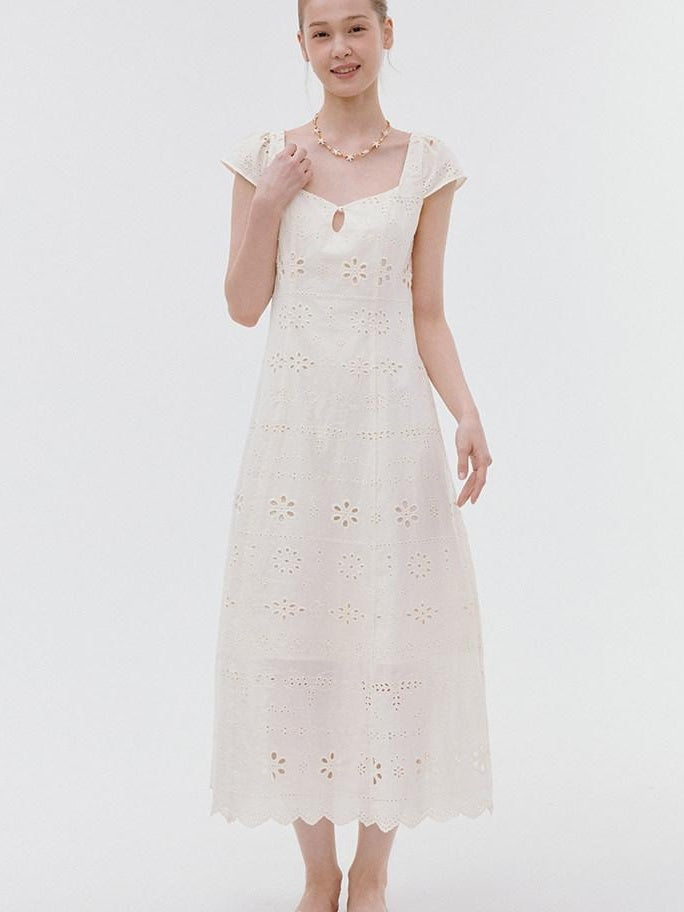 fano Breathable Cotton A Line Square Neck Short Sleeve Work White Maxi Dresses