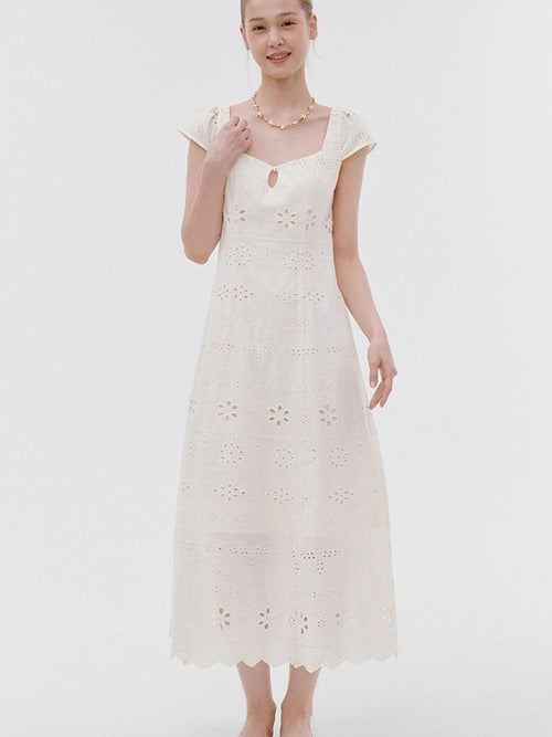 fano Breathable Cotton A Line Square Neck Short Sleeve Work White Maxi Dresses