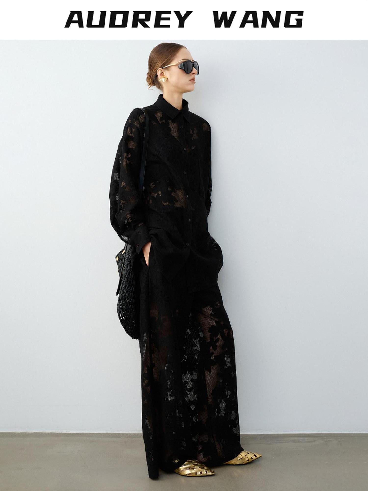 audreyyang Lightweight Shape Retention Lace Polo Loose Fit Women Cotton Top & Pants Sets