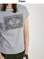 fano Lyocell Blend Heather Gray Printed Slim Korean Crewneck Short Sleeve T-Shirts