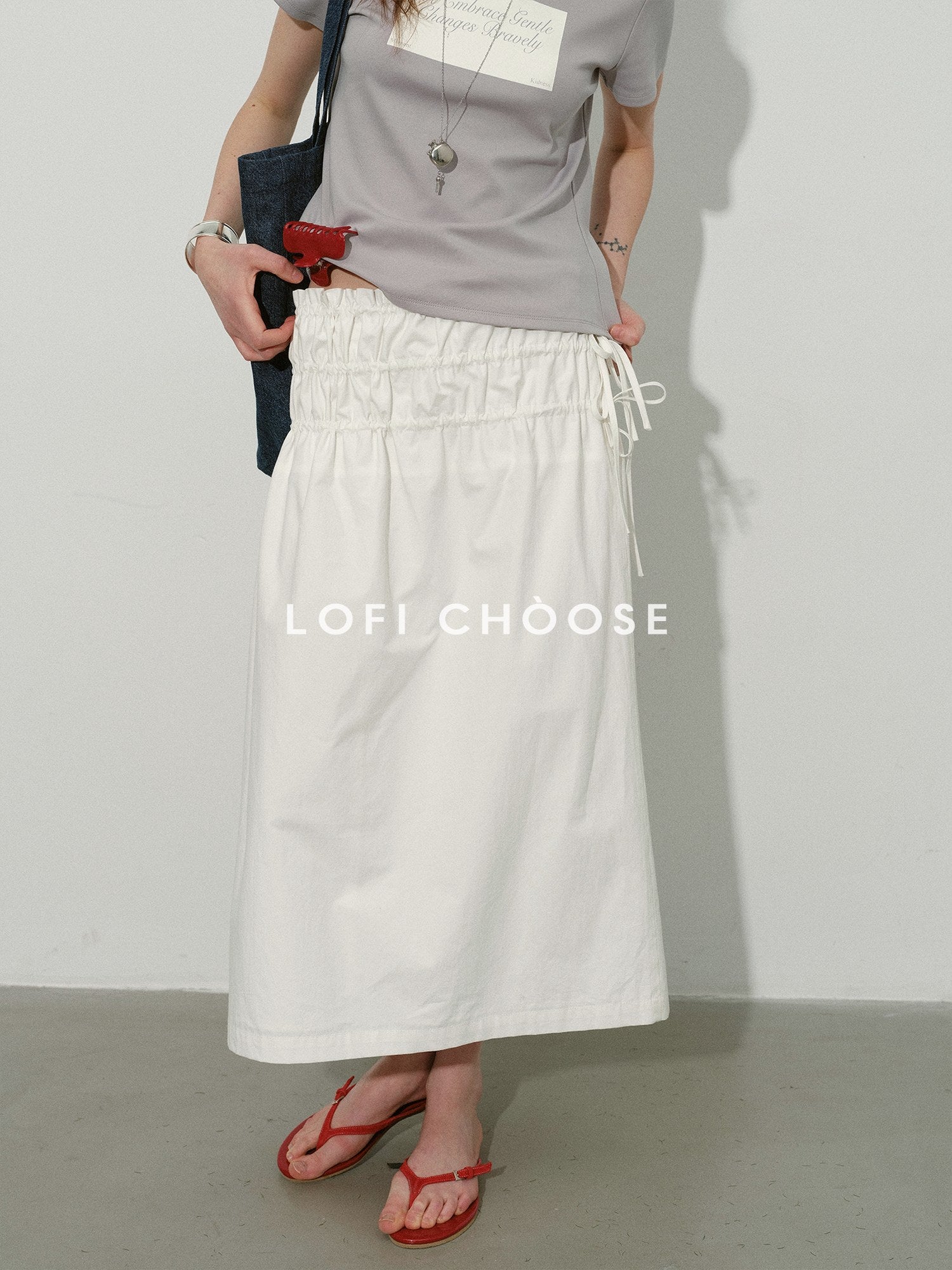 Lofi choose High Waist Bow A Line Cotton Commuter Loose Fit Women Tie Elegant Midi Skirts
