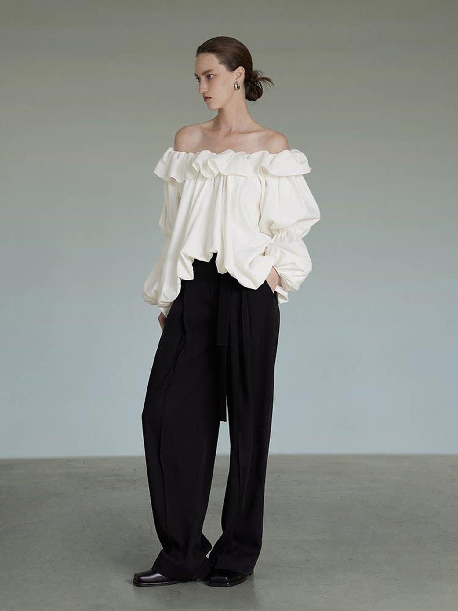 unspoken Breathable Viscose Ruffle Collar Loose Minimal Office Women Pullover Blouses