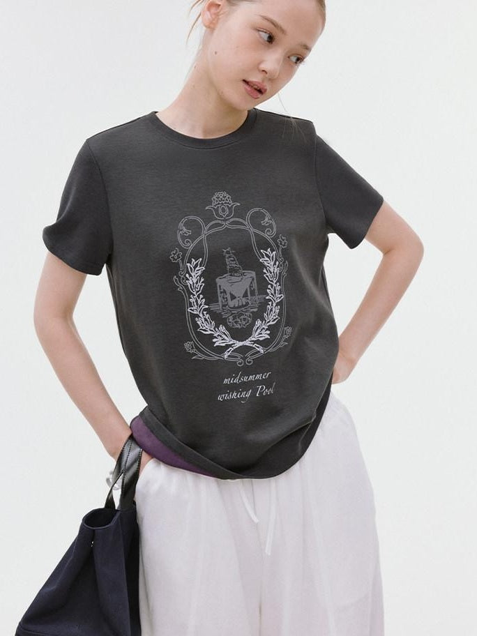 fano Soft Polycotton Korean Loose Fit Crew Neck Dark Gray Print Short Sleeve T-Shirts