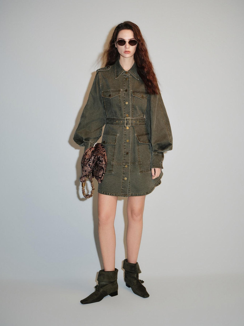 audreyyang Pure Cotton Relaxed Utility Button Women Military Green Denim Jackets