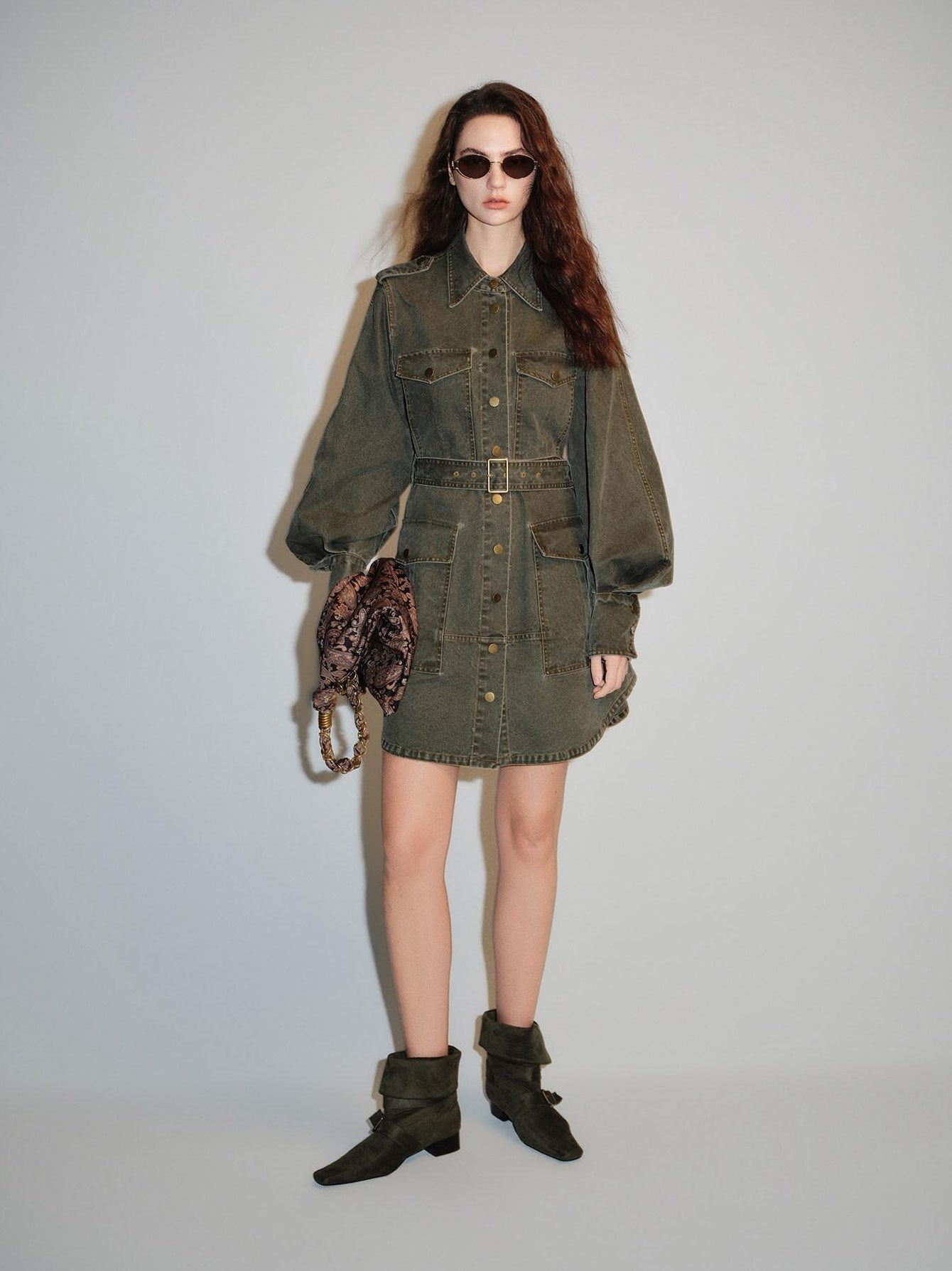 audreyyang Pure Cotton Relaxed Utility Button Women Military Green Denim Jackets