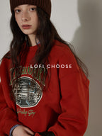 Lofi choose Cozy Thick Oversized Pullover Crewneck Cartoon Anime Print Vintage Red Sweatshirt