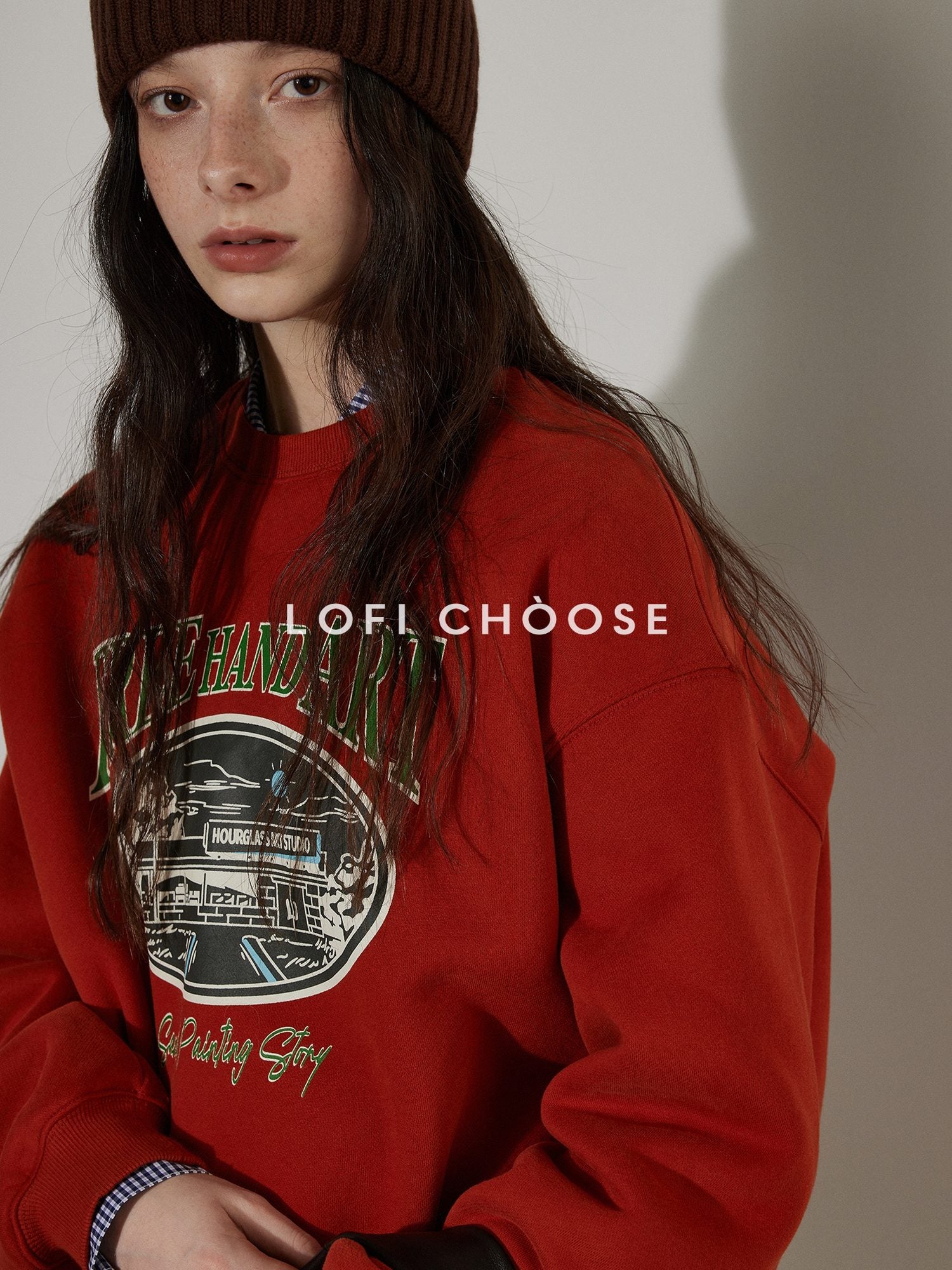 Lofi choose Cozy Thick Oversized Pullover Crewneck Cartoon Anime Print Vintage Red Sweatshirt