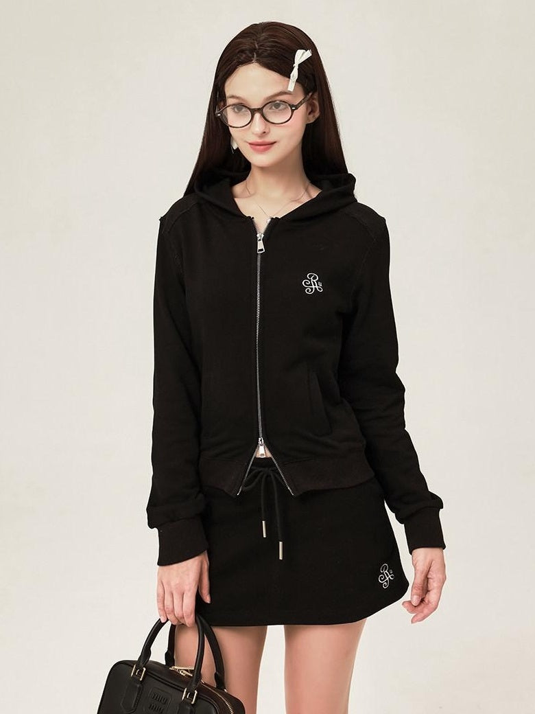 ikyou Sleek Slim Fit Zip Up Patchwork Pockets Commuter Cotton Lined Hoodie