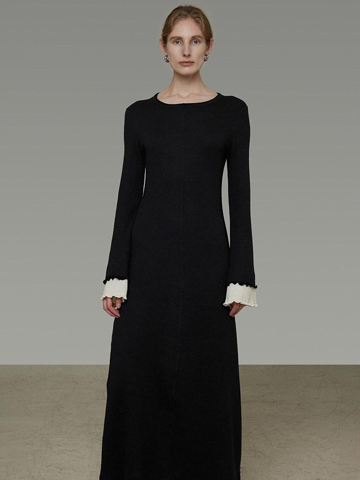 unspoken Slim Waist Colorblock Aline Knit Bell Sleeve Office Women Breathable Maxi Dresses