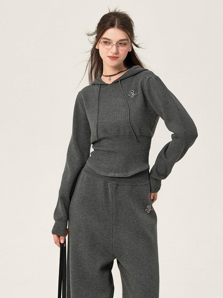 ikyou Ribbed Grey Cropped Hood Pullover Commuter Polyester Women Top & Pants Sets