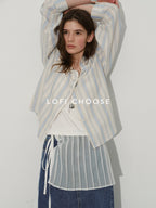 Lofi choose 100 Percent Cotton Loose Colorblock Women Blue Stripe Lapel Long Sleeve Shirts