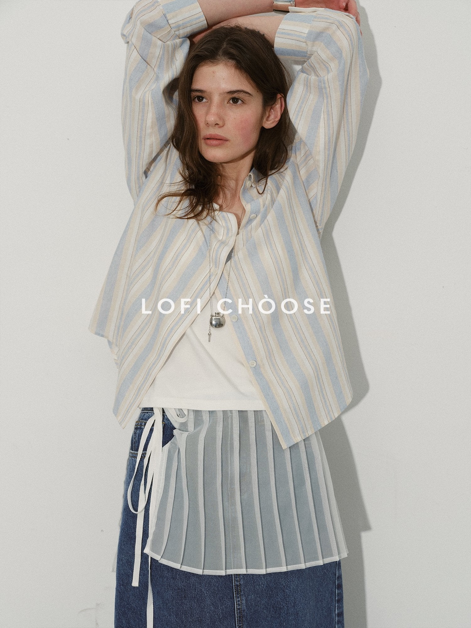 Lofi choose 100 Percent Cotton Loose Colorblock Women Blue Stripe Lapel Long Sleeve Shirts