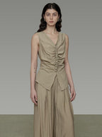 unspoken Ruched Soft Viscose Loose Workwear Women Khaki Solid Off Shoulder Crop Tops