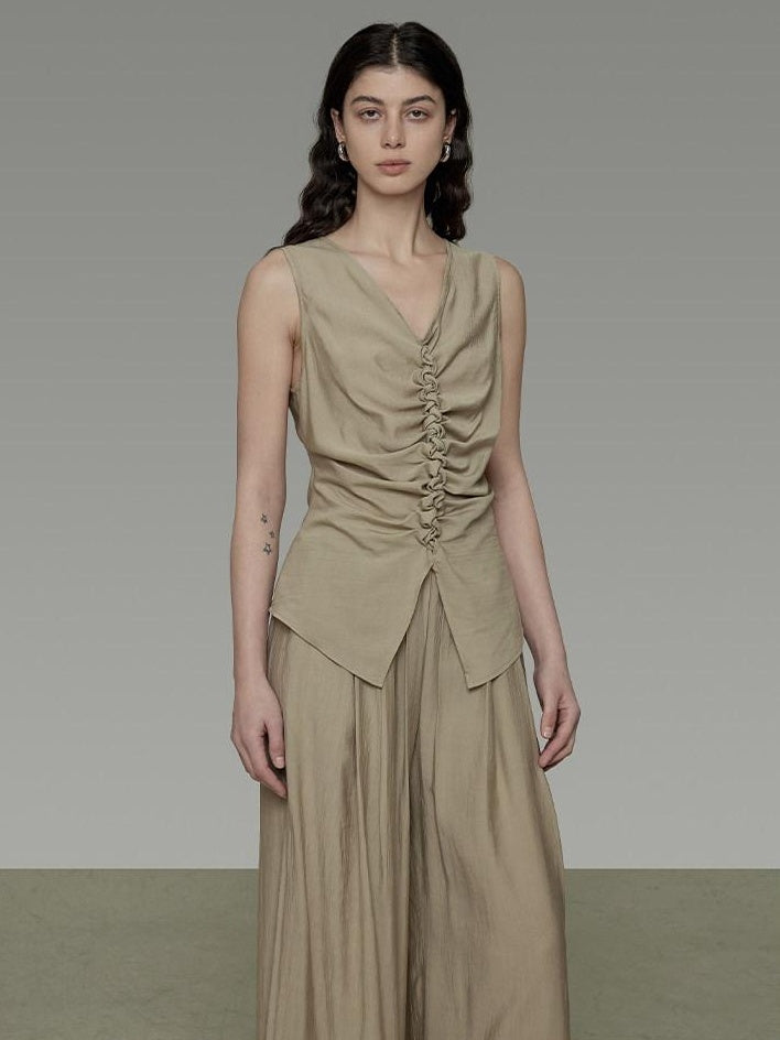 unspoken Ruched Soft Viscose Loose Workwear Women Khaki Solid Off Shoulder Crop Tops