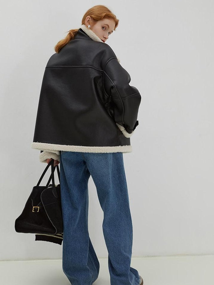fano Thick Commuter Loose Fit Zipper Long Sleeve Women Black Leather Jackets