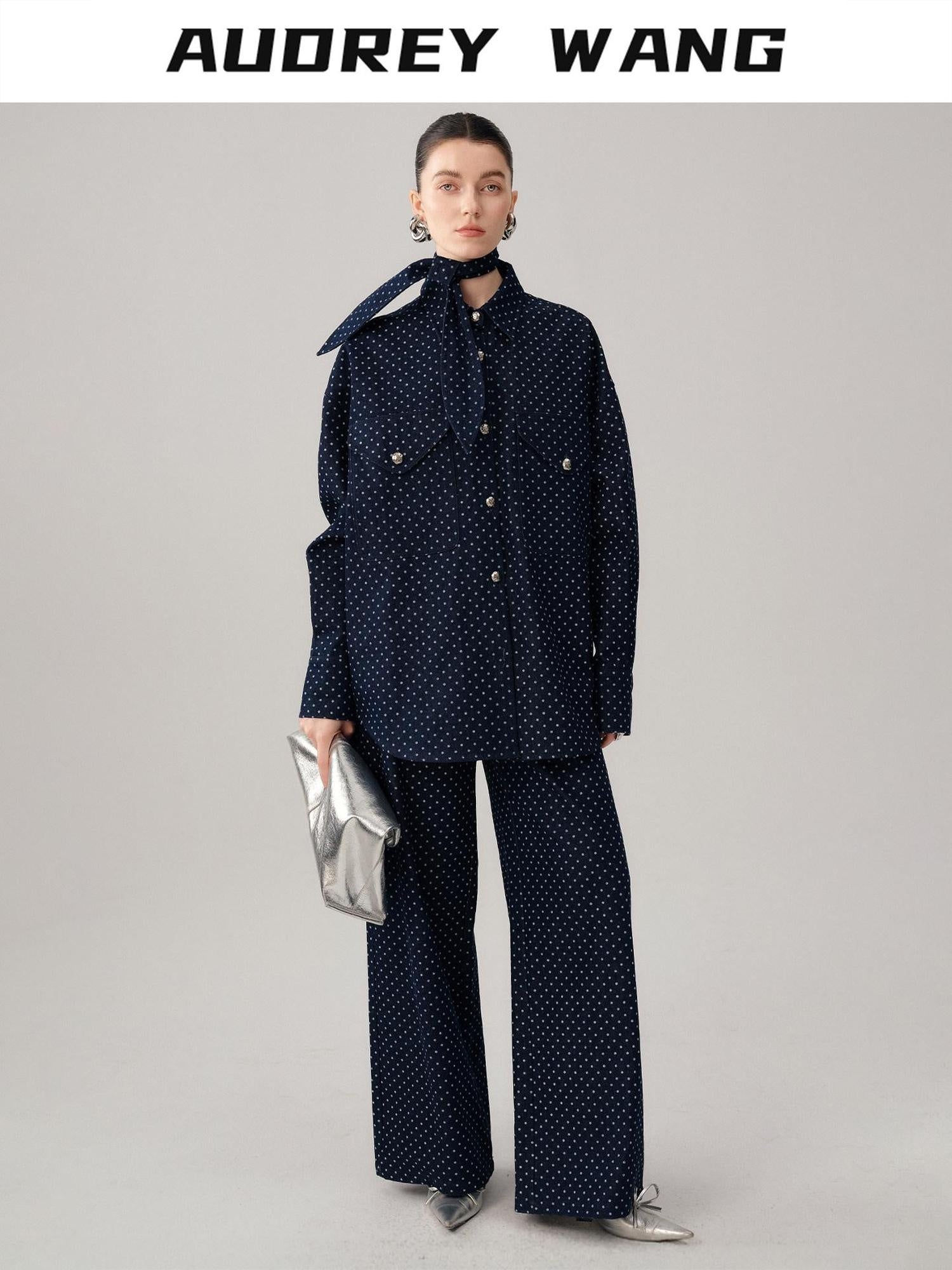 audreyyang Bow Detail Loose Fit Casual Women Daily Polka Dot Cotton Denim Jackets