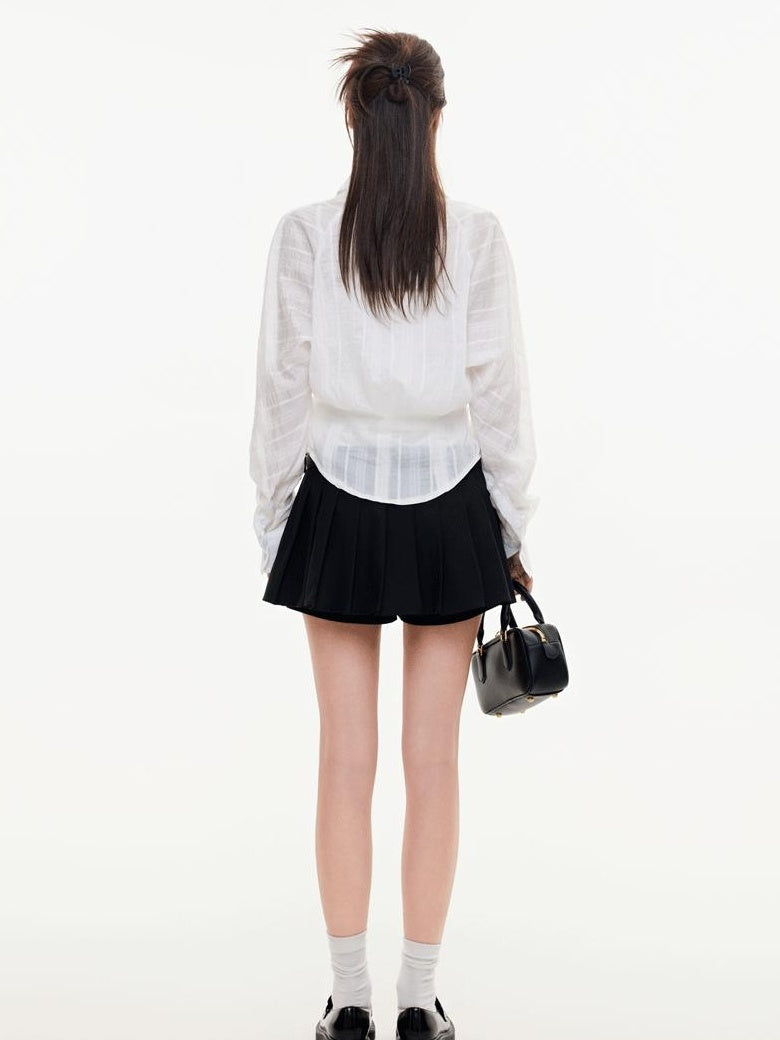 ikyou Breathable Lyocell Embroidered Slim Lapel Cardigan Short Work Women Shirts