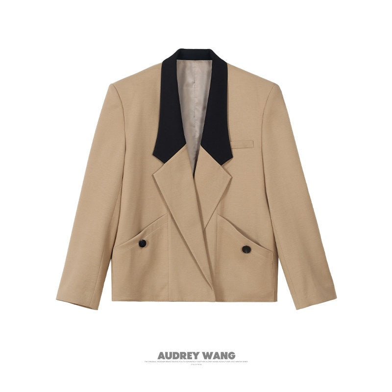 audreyyang_Khaki_Contrast_Lapel_Blazer_Slit_Loose_Fit_Long_Sleeve_Women_Top_&_Skirt_Sets_MISSTT