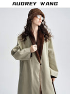 audreyyang Warm Thick Lapel Patchwork Slavic Loose Fit For Women Faux Fur Almond Long Coats