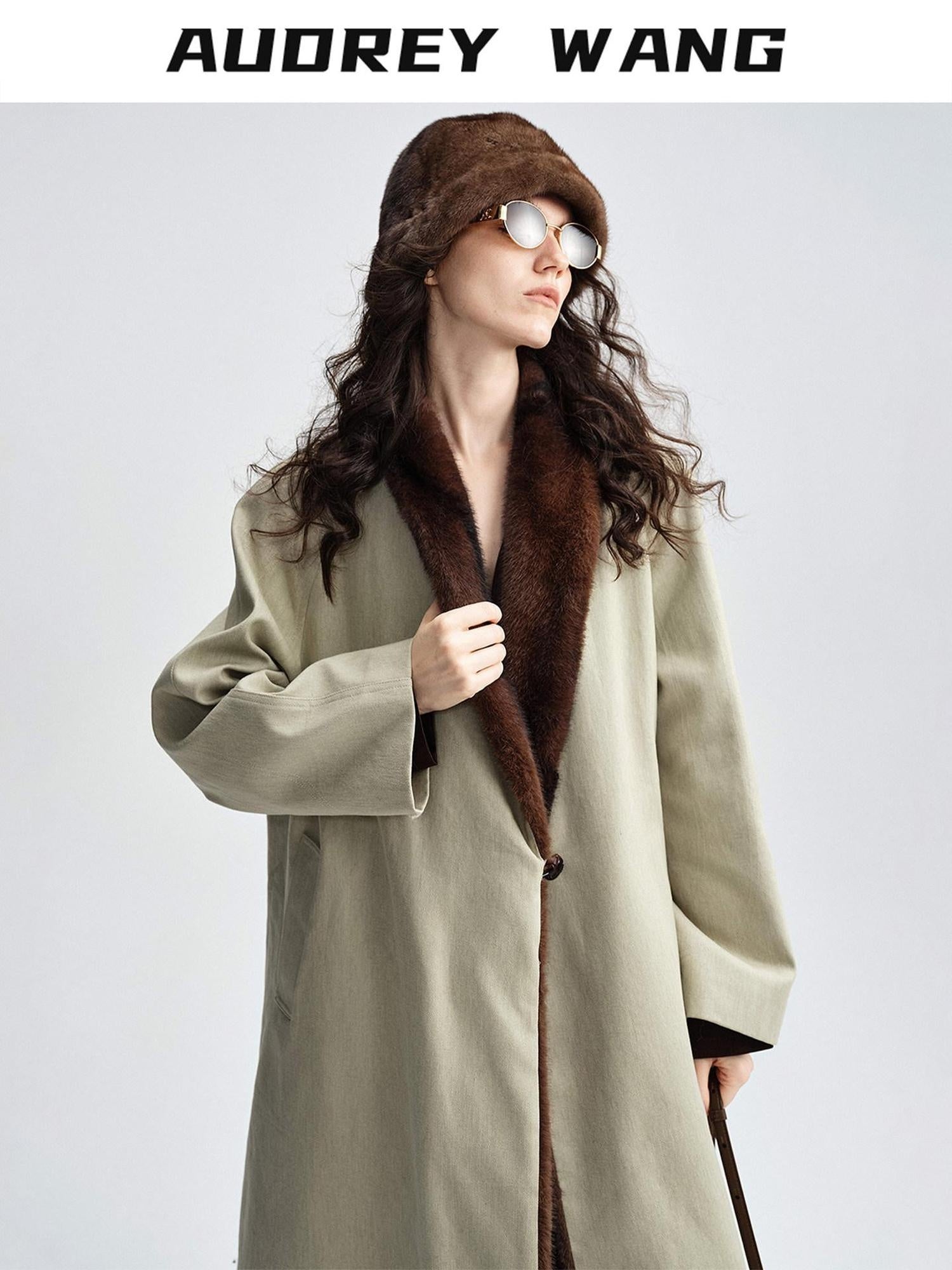 audreyyang Warm Thick Lapel Patchwork Slavic Loose Fit For Women Faux Fur Almond Long Coats