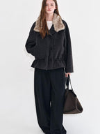 fano Warm Wool Blend Relaxed Stand Collar Drawstring Women Black Gray Short Coat