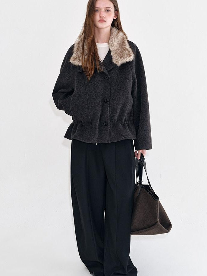 fano Warm Wool Blend Relaxed Stand Collar Drawstring Women Black Gray Short Coat