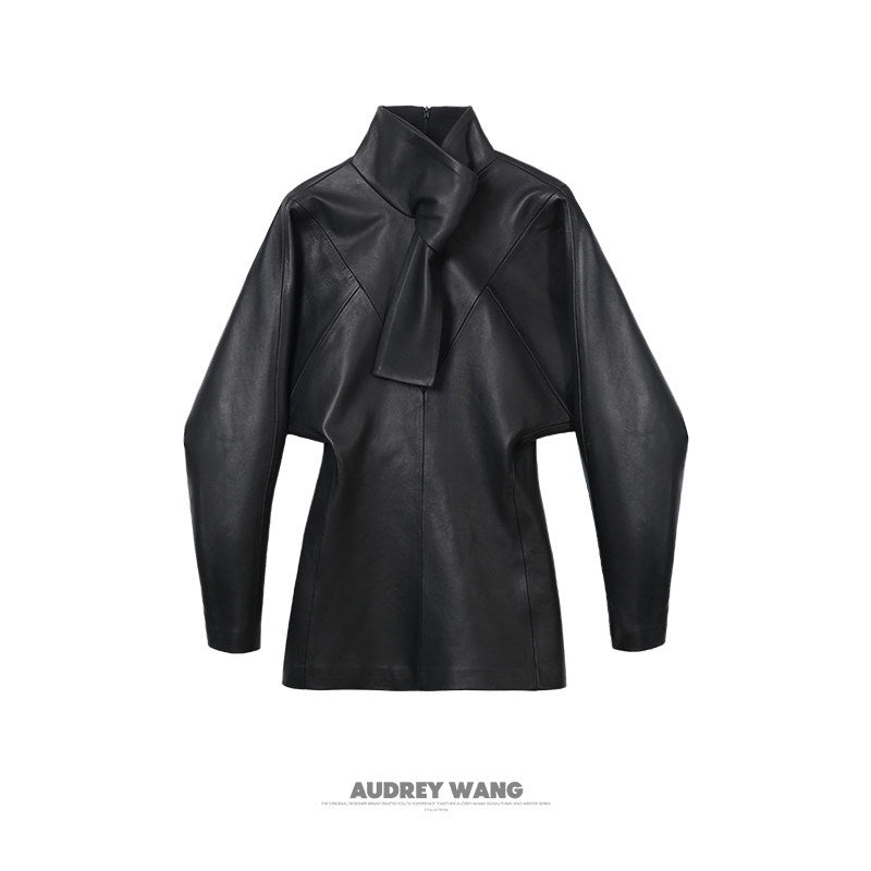 audreyyang_Sheepskin_Leather_Cinched_Waist_French_Tie_Neck_A_Line_Work_Date_Midi_Dresses_MISSTT