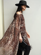 audreyyang Soft Leopard Mesh Off Shoulder A Line Loose Waist Casual Women Midi Dresses