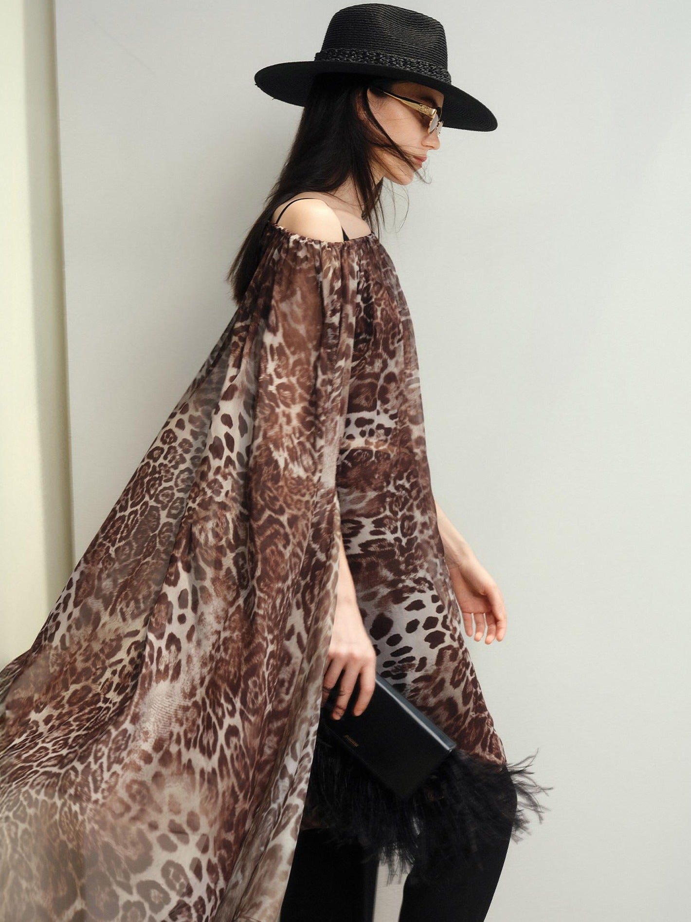 audreyyang Soft Leopard Mesh Off Shoulder A Line Loose Waist Casual Women Midi Dresses