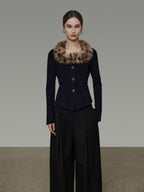 unspoken Warm Fur Collar Slim Cropped Workwear Women Cotton Leopard Navy Cardigans