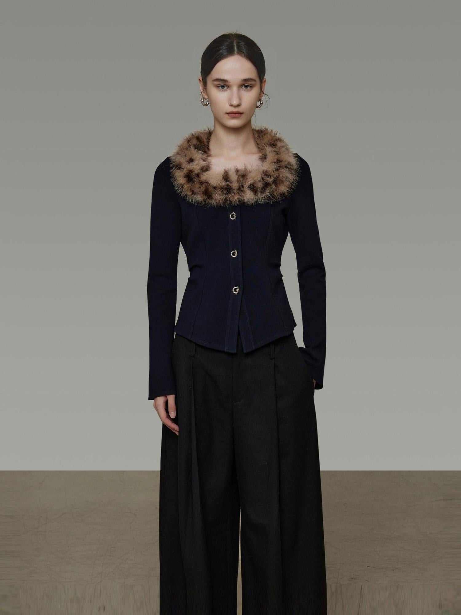 unspoken Warm Fur Collar Slim Cropped Workwear Women Cotton Leopard Navy Cardigans