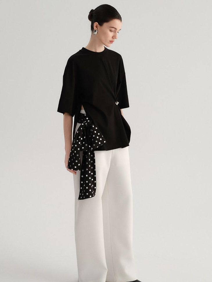 audreyyang Smart Office Natural Waist Zip Fly Polyester Blend Black White Straight Pants