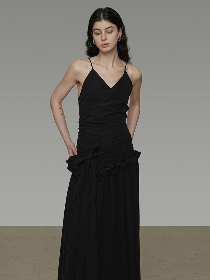 unspoken Ultra Soft Tencel A Line Cinched Waist Minimalist Commuter Black Maxi Dresses
