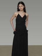 unspoken Ultra Soft Tencel A Line Cinched Waist Minimalist Commuter Black Maxi Dresses