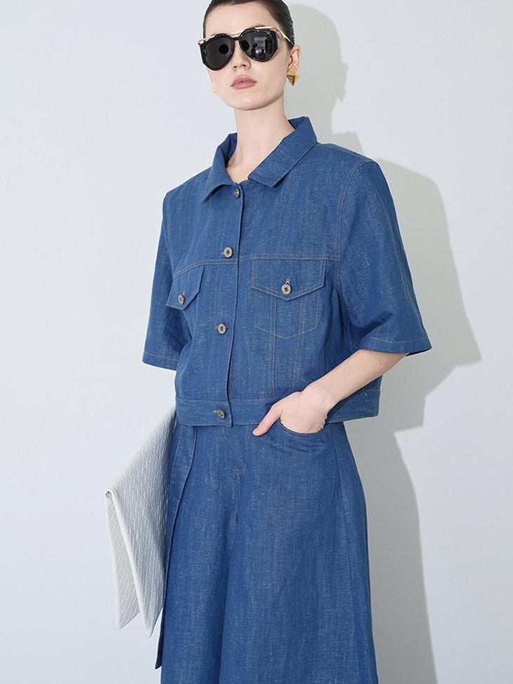 audreyyang Linen Blend Collared Short Sleeve Button Casual Denim Blue Top & Skirt Sets
