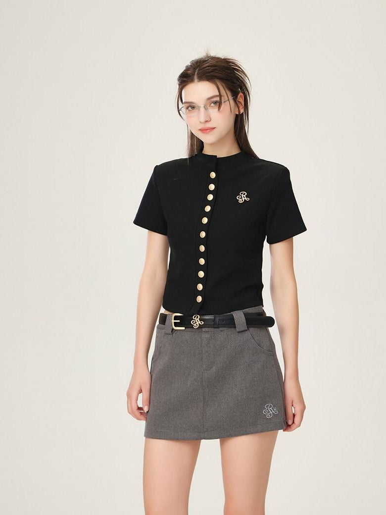 ikyou 3D Embellished Minimal Slim Short Sleeve Stand Collar Black Knit Women Cardigans