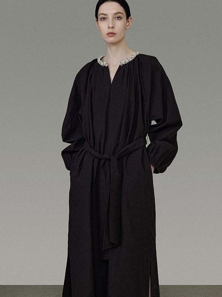 unspoken Cotton Loose Waist Minimalist V-neck Long Sleeve Casual Black Maxi Dresses