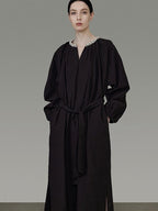 unspoken Cotton Loose Waist Minimalist V-neck Long Sleeve Casual Black Maxi Dresses