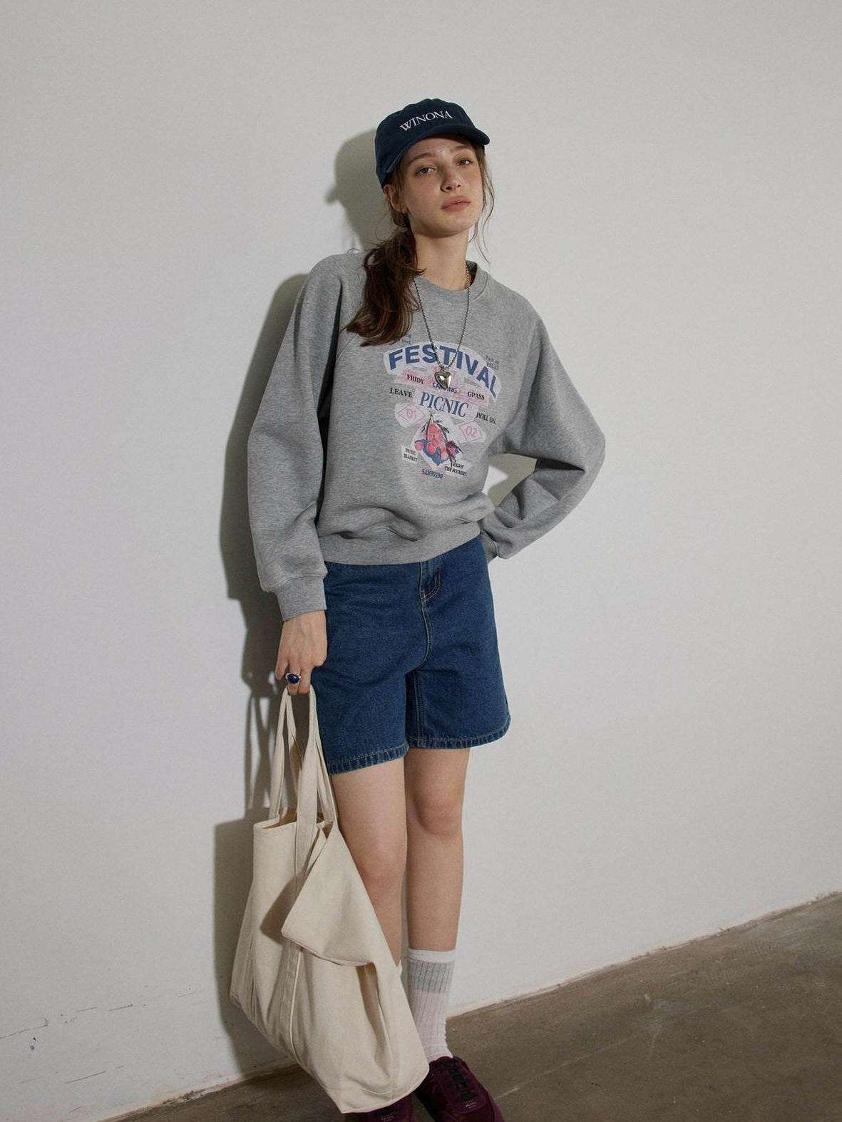 Lofi choose 100% Cotton Loose Fit Crewneck Pullover Commuter Women Blue Gray Sweatshirt