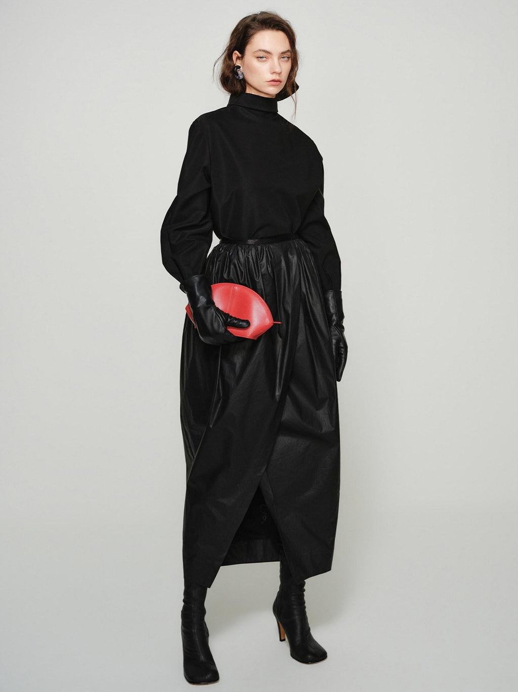 audreyyang Shape Retaining Cotton Pleated Bubble Midrise Elastic Front Slit Midi Skirts