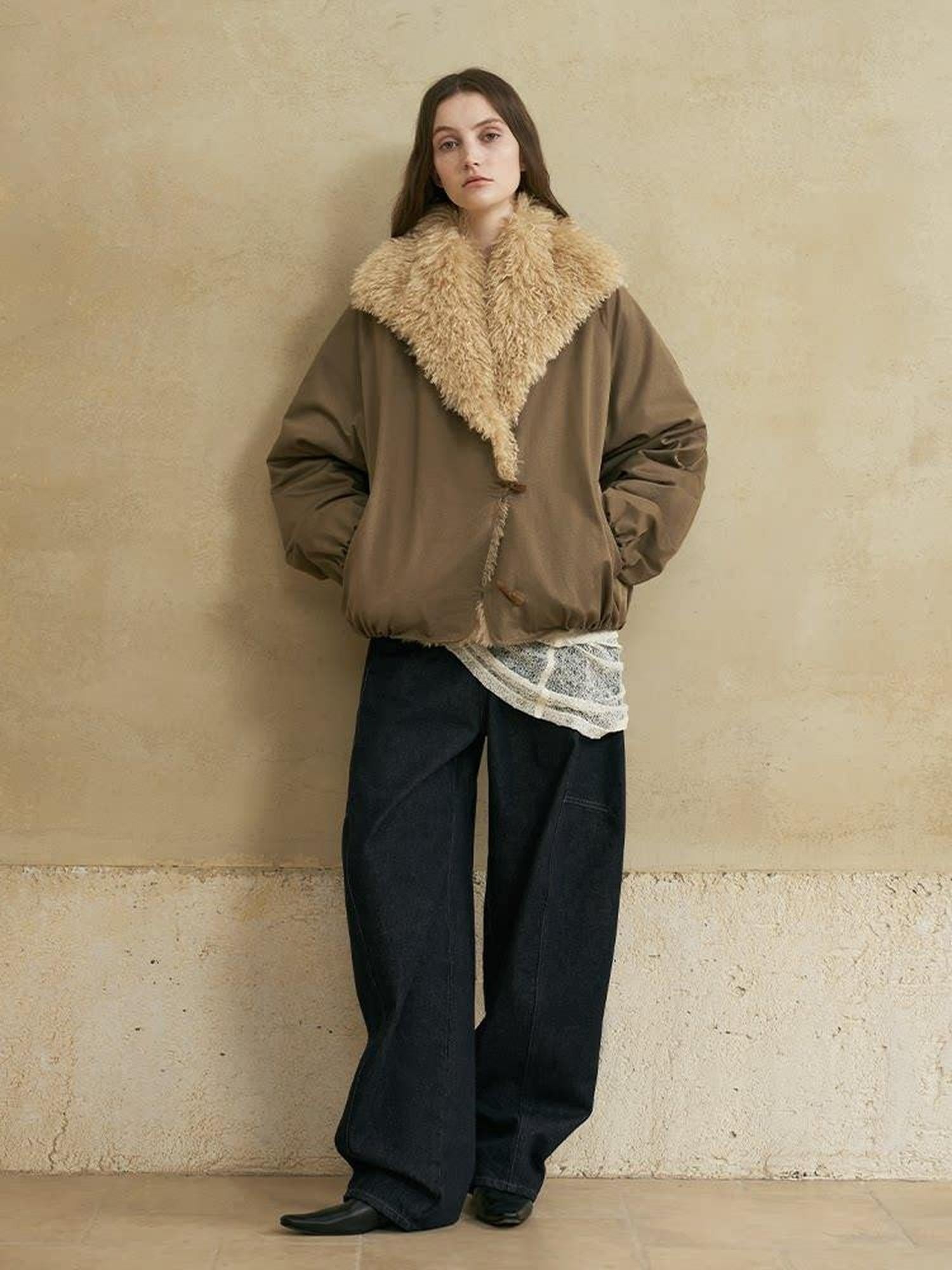 someonesometimes Cozy Commuter Cotton Blend Relaxed Short Collar Gray Brown Olive Puffer Jackets