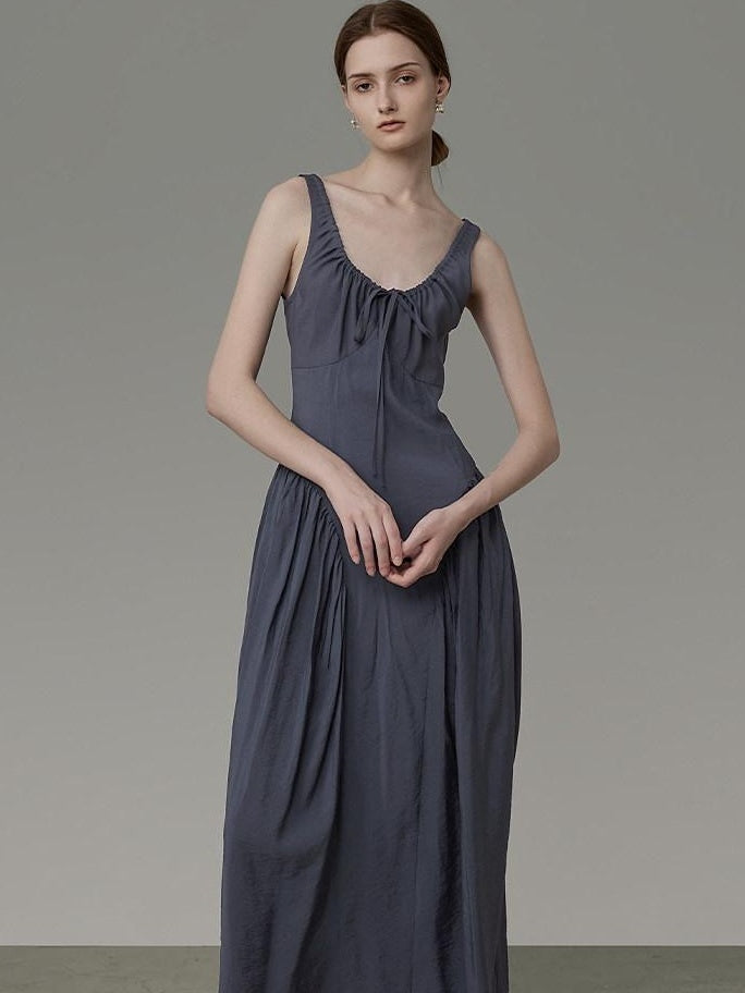 unspoken Pleated High Waist Minimal H Silhouette U Neck Sleeveless Office Maxi Dresses
