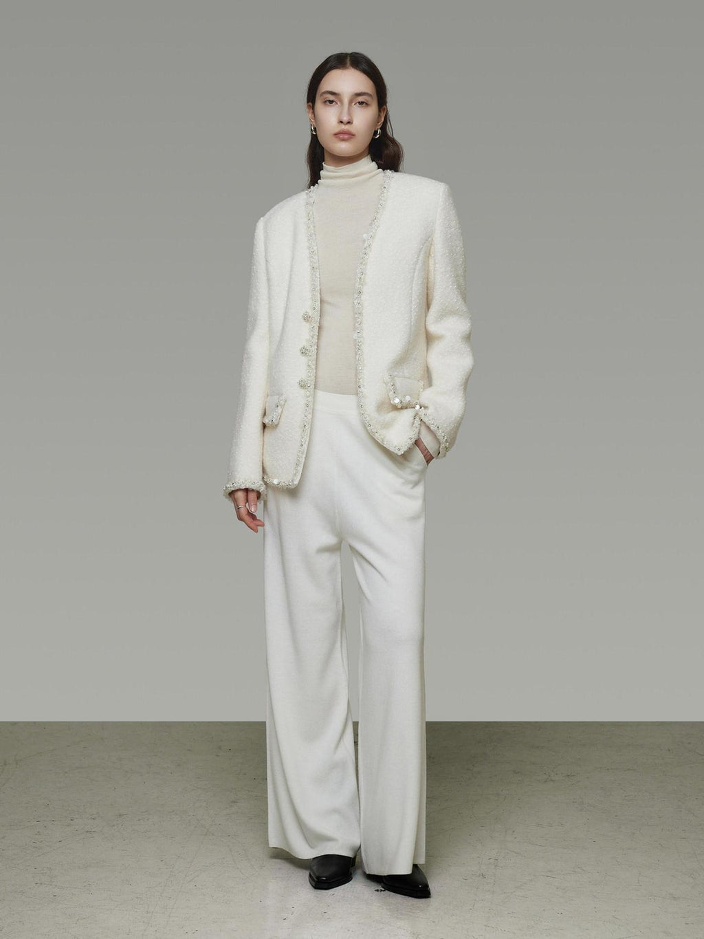unspoken Soft Ivory Wool Blend Tailored Slim V-neck Long Sleeve Commuter Cardigans