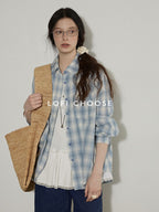 Lofi choose Pure Cotton Colorblock Plaid Embroidered Loose Commuter Office Women Shirts