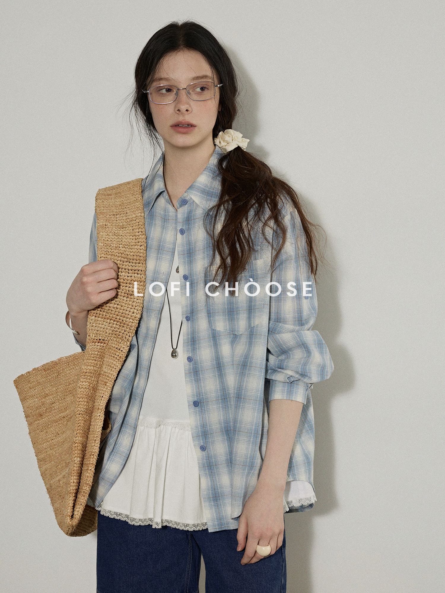 Lofi choose Pure Cotton Colorblock Plaid Embroidered Loose Commuter Office Women Shirts