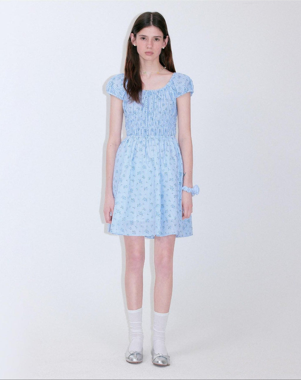 fano Sweet High Waist Puff Sleeve A Line Floral Square Neck Poly Cotton Midi Dresses