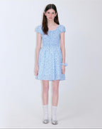 fano Sweet High Waist Puff Sleeve A Line Floral Square Neck Poly Cotton Midi Dresses