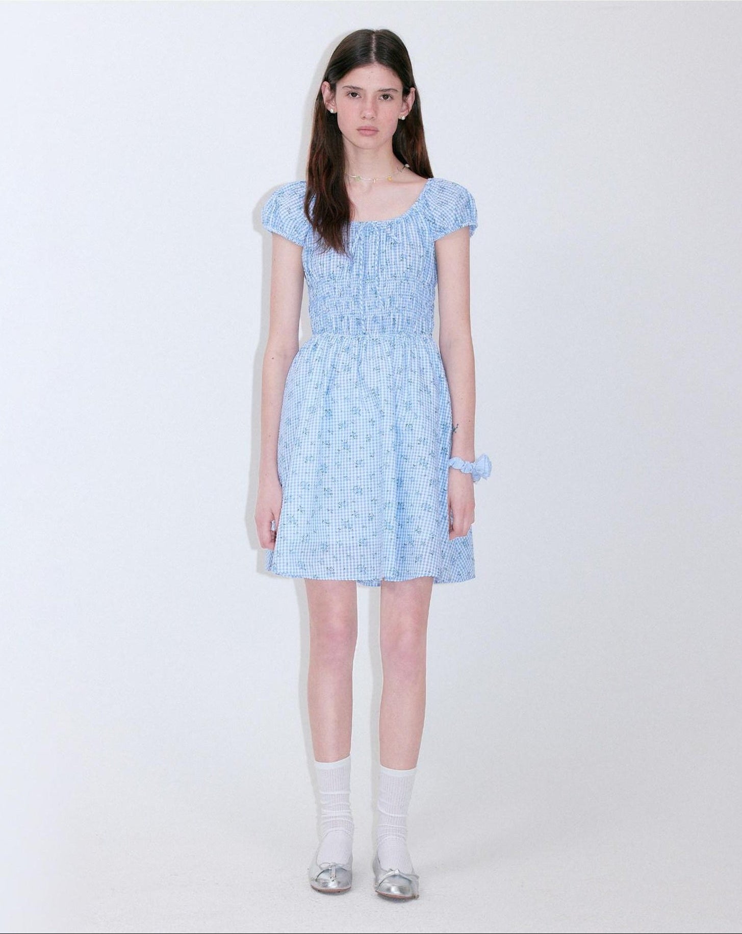 fano Sweet High Waist Puff Sleeve A Line Floral Square Neck Poly Cotton Midi Dresses